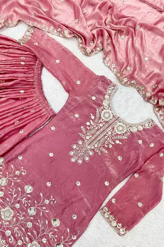 Pink Color Seqence And Embroidery Work Silk Blend Salwar Suit