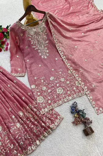 Pink Color Seqence And Embroidery Work Silk Blend Salwar Suit