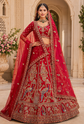 red color Khatali handwork Sequince and Multi Thread and Sequince work silk blend Lehenga Choli set