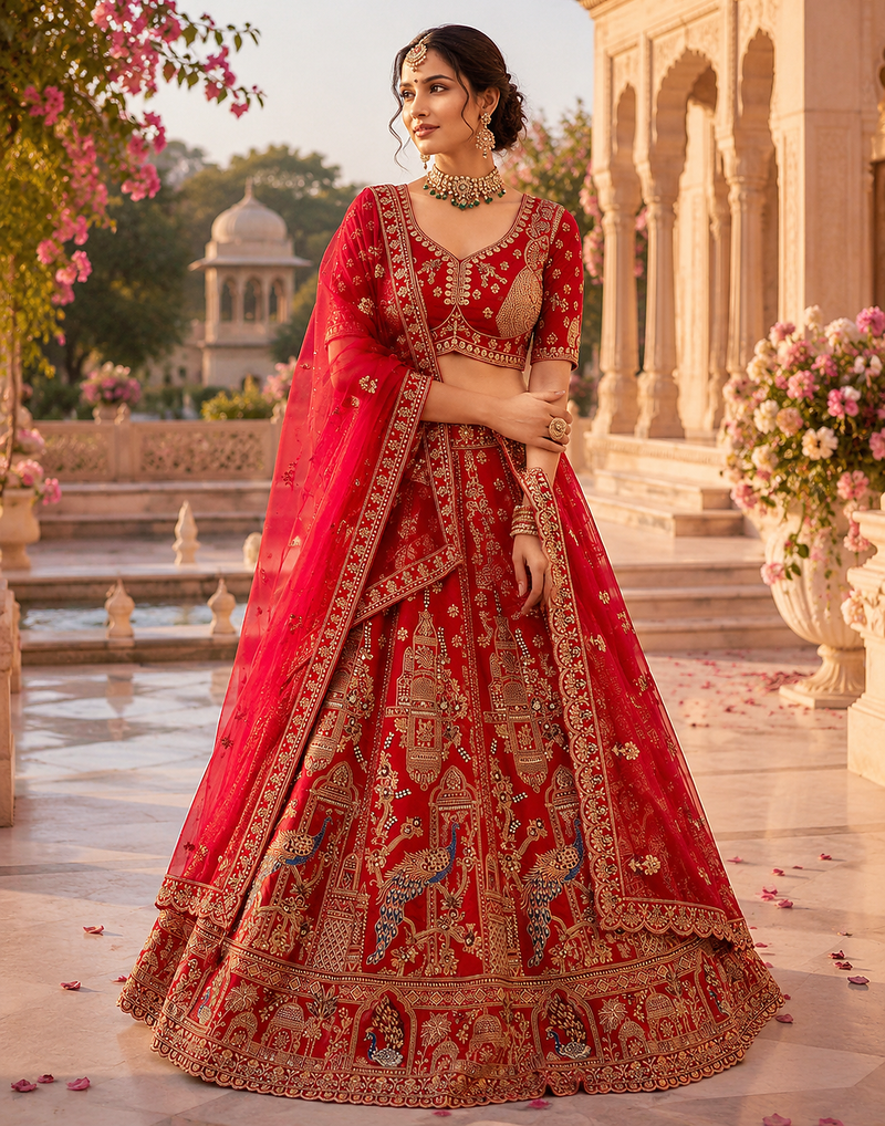 red color Khatali handwork Sequince and Multi Thread and Sequince work silk blend Lehenga Choli set