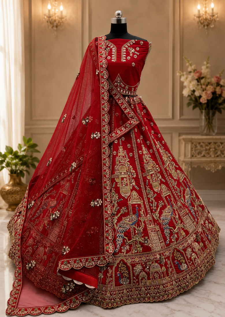 red color Khatali handwork Sequince and Multi Thread and Sequince work silk blend Lehenga Choli set