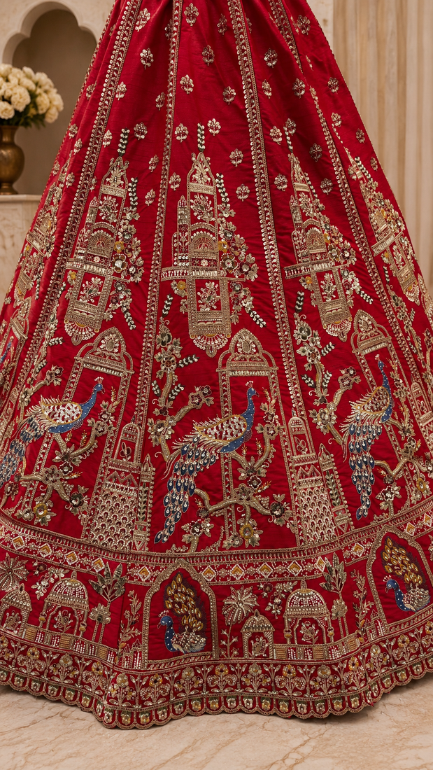 red color Khatali handwork Sequince and Multi Thread and Sequince work silk blend Lehenga Choli set