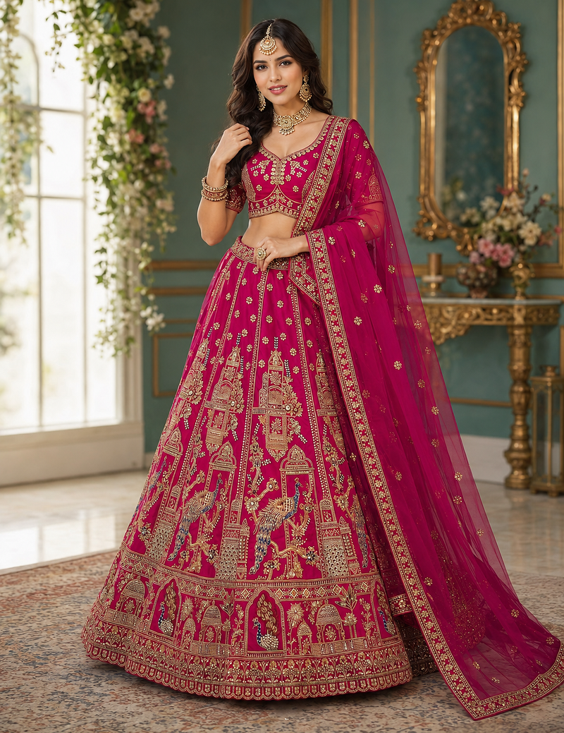 rani pink color handwork and Multi Thread and Sequince work silk blend Lehenga Choli set