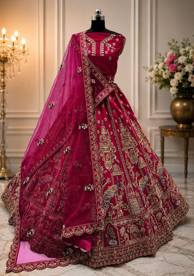 rani pink color handwork and Multi Thread and Sequince work silk blend Lehenga Choli set
