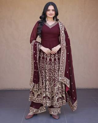 Maroon georgette readymade anarkali suit with embroidery & sequence work 1