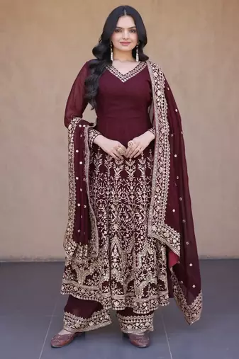 Maroon georgette readymade anarkali suit with embroidery & Sequin work