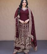 Maroon georgette readymade anarkali suit with embroidery & sequence work