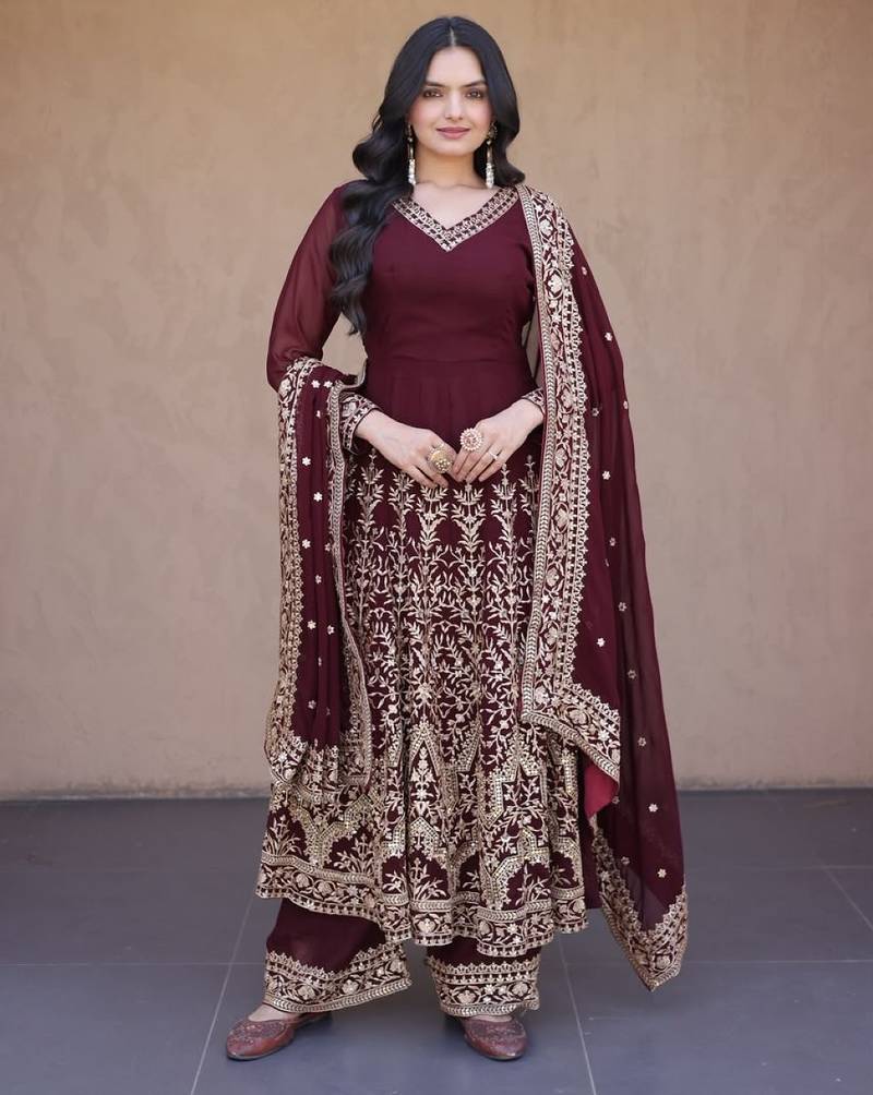 Maroon georgette readymade anarkali suit with embroidery & sequence work