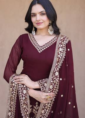 Maroon georgette readymade anarkali suit with embroidery & sequence work 2