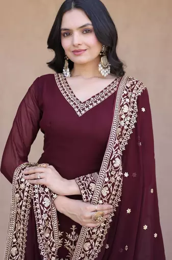 Maroon georgette readymade anarkali suit with embroidery & Sequin work