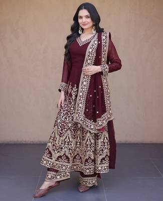 Maroon georgette readymade anarkali suit with embroidery & sequence work 3