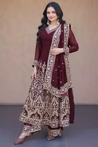 Maroon georgette readymade anarkali suit with embroidery & Sequin work