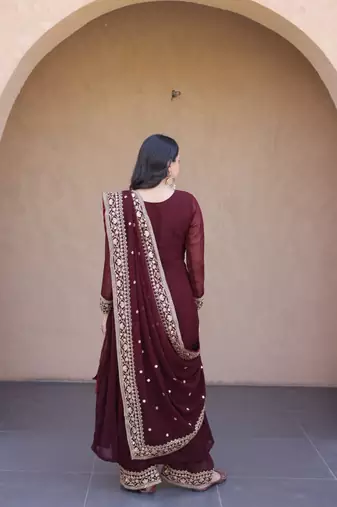 Maroon georgette readymade anarkali suit with embroidery & Sequin work