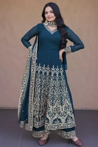 Teal georgette readymade anarkali suit with embroidery & Sequin work