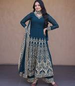 Teal georgette readymade anarkali suit with embroidery & sequence work