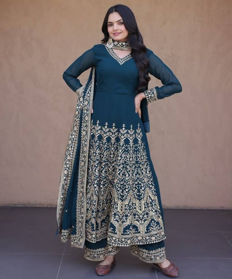 Teal georgette readymade anarkali suit with embroidery & sequence work
