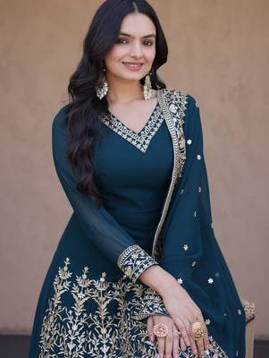 Teal georgette readymade anarkali suit with embroidery & sequence work 2