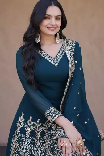 Teal georgette readymade anarkali suit with embroidery & Sequin work