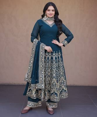 Teal georgette readymade anarkali suit with embroidery & sequence work 3