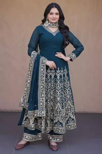 Teal georgette readymade anarkali suit with embroidery & Sequin work