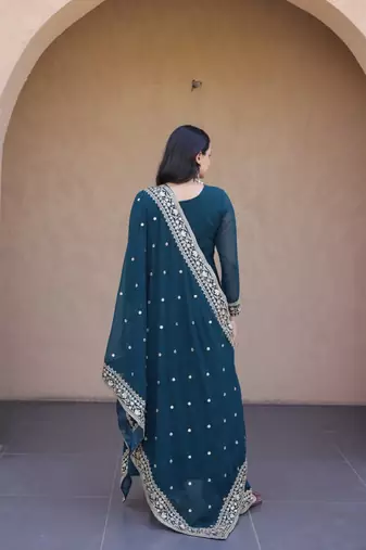 Teal georgette readymade anarkali suit with embroidery & Sequin work