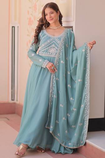 Sky georgette readymade anarkali suit with embroidery & beads work