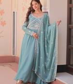 Sky georgette readymade anarkali suit with embroidery & beads work