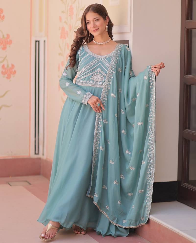 Sky georgette readymade anarkali suit with embroidery & beads work