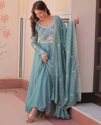 Sky georgette readymade anarkali suit with embroidery & beads work 2
