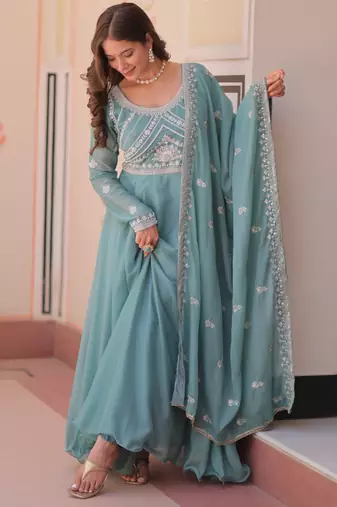Sky georgette readymade anarkali suit with embroidery & beads work