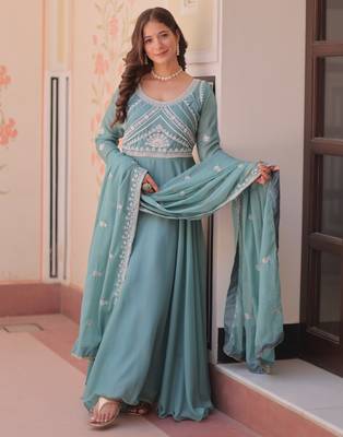 Sky georgette readymade anarkali suit with embroidery & beads work 3
