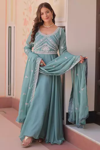 Sky georgette readymade anarkali suit with embroidery & beads work