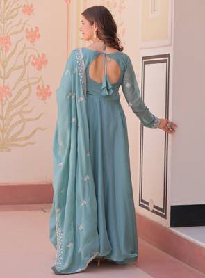 Sky georgette readymade anarkali suit with embroidery & beads work 4