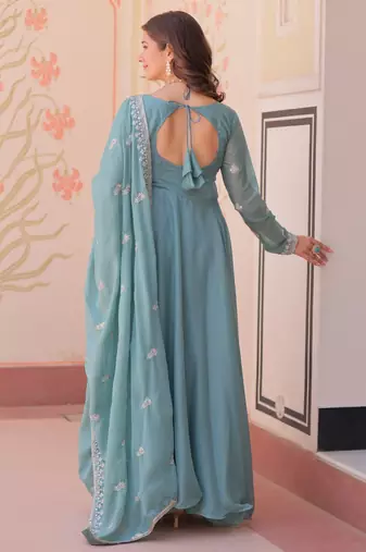 Sky georgette readymade anarkali suit with embroidery & beads work