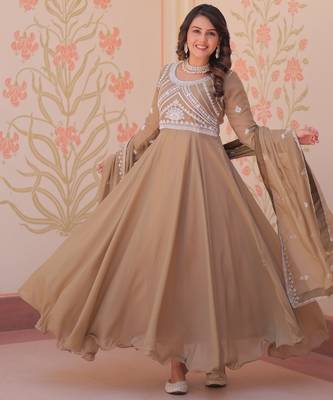 Beige georgette readymade anarkali suit with embroidery & beads work 1