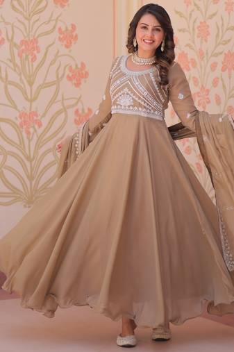 Beige georgette readymade anarkali suit with embroidery & beads work