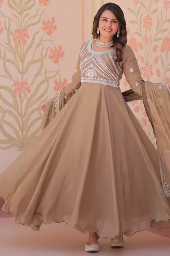 Beige georgette readymade anarkali suit with embroidery & beads work