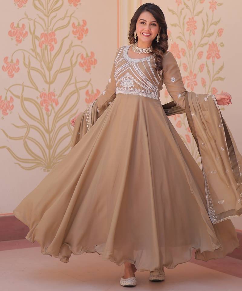 Beige georgette readymade anarkali suit with embroidery & beads work