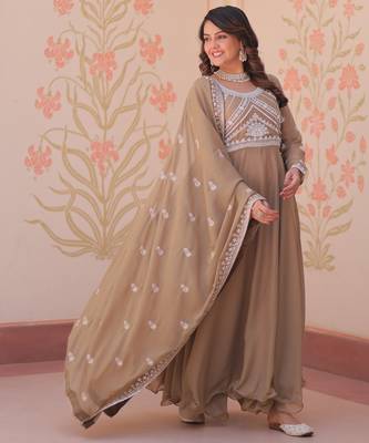 Beige georgette readymade anarkali suit with embroidery & beads work 2