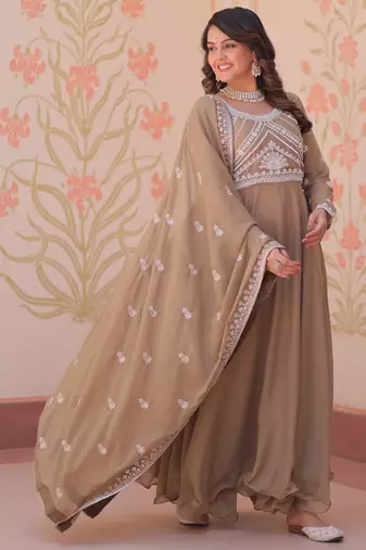 Beige georgette readymade anarkali suit with embroidery & beads work