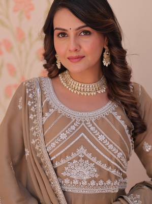 Beige georgette readymade anarkali suit with embroidery & beads work 3