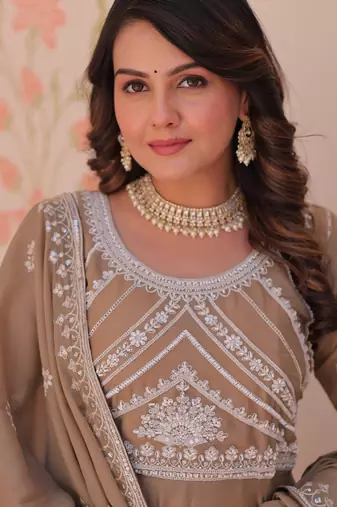 Beige georgette readymade anarkali suit with embroidery & beads work