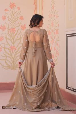 Beige georgette readymade anarkali suit with embroidery & beads work 4