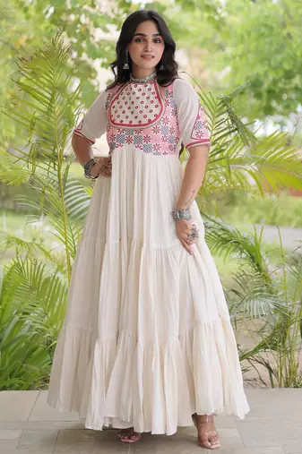 White cotton readymade navratri anarakali suit with mirror & thread work