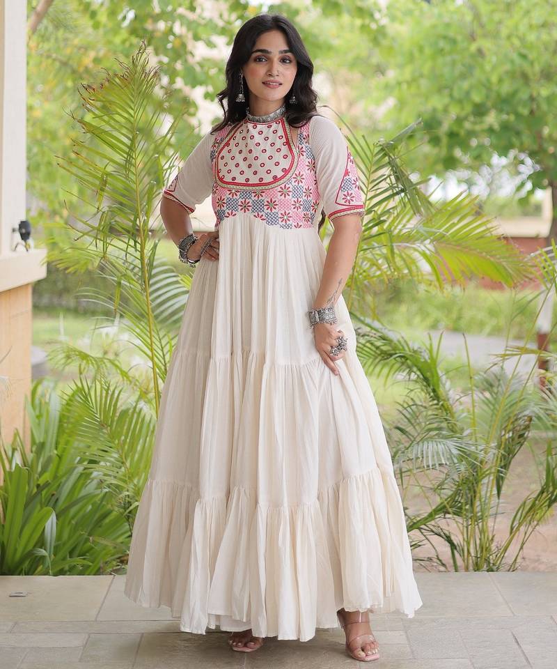 White cotton readymade navratri anarakali suit with mirror & thread work