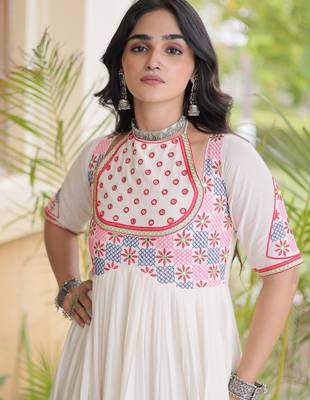 White cotton readymade navratri anarakali suit with mirror & thread work 2
