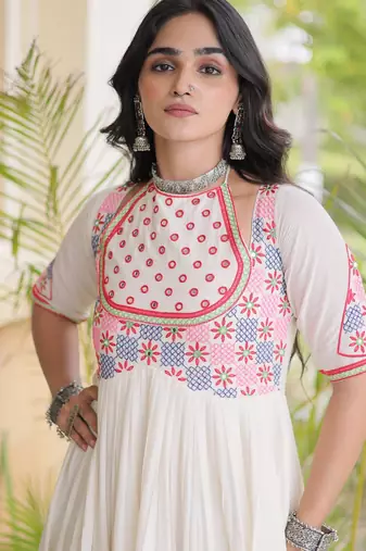 White cotton readymade navratri anarakali suit with mirror & thread work