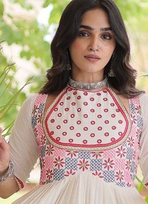White cotton readymade navratri anarakali suit with mirror & thread work 4