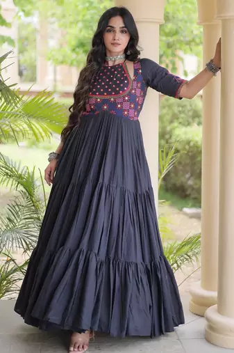 Black cotton readymade navratri anarakali suit with mirror & thread work
