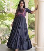Black cotton readymade navratri anarakali suit with mirror & thread work